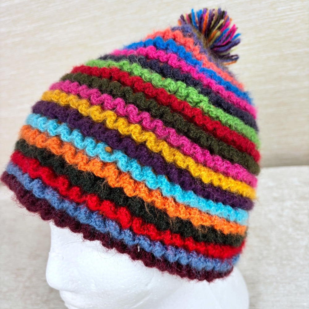 Peruvian Imports 100% Alpaca Crochet Knit Beanie Pom Pom Rainbow Colors Unisex